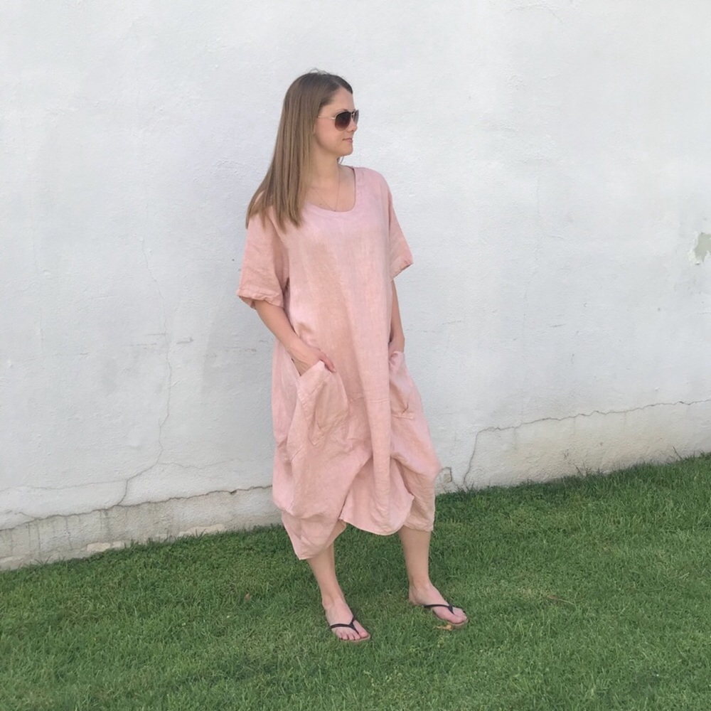 Plus Size 100% Italian Washed Linen Dress Pink NEW - Picture 2 of 8